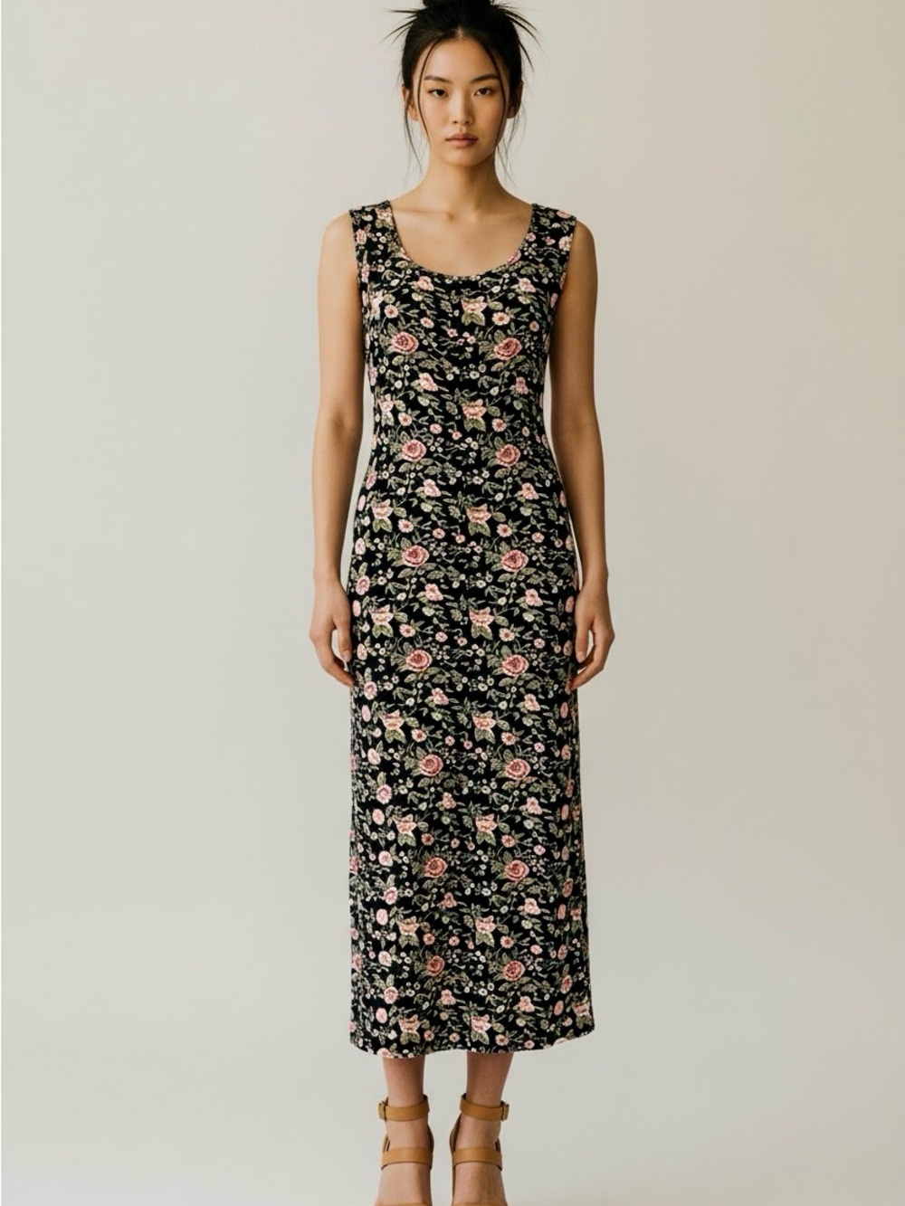 90s Black Floral Rose Print Romantic Grunge Sleeveless Dress | L